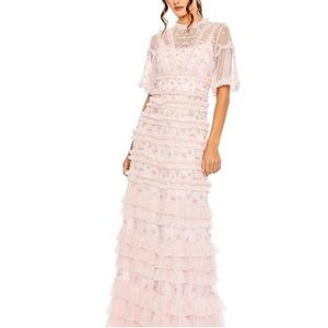 NWT! $798 Mac Duggal High-Neck Ruffle Tiered Floral Gown Romantic Elegant SZ 12